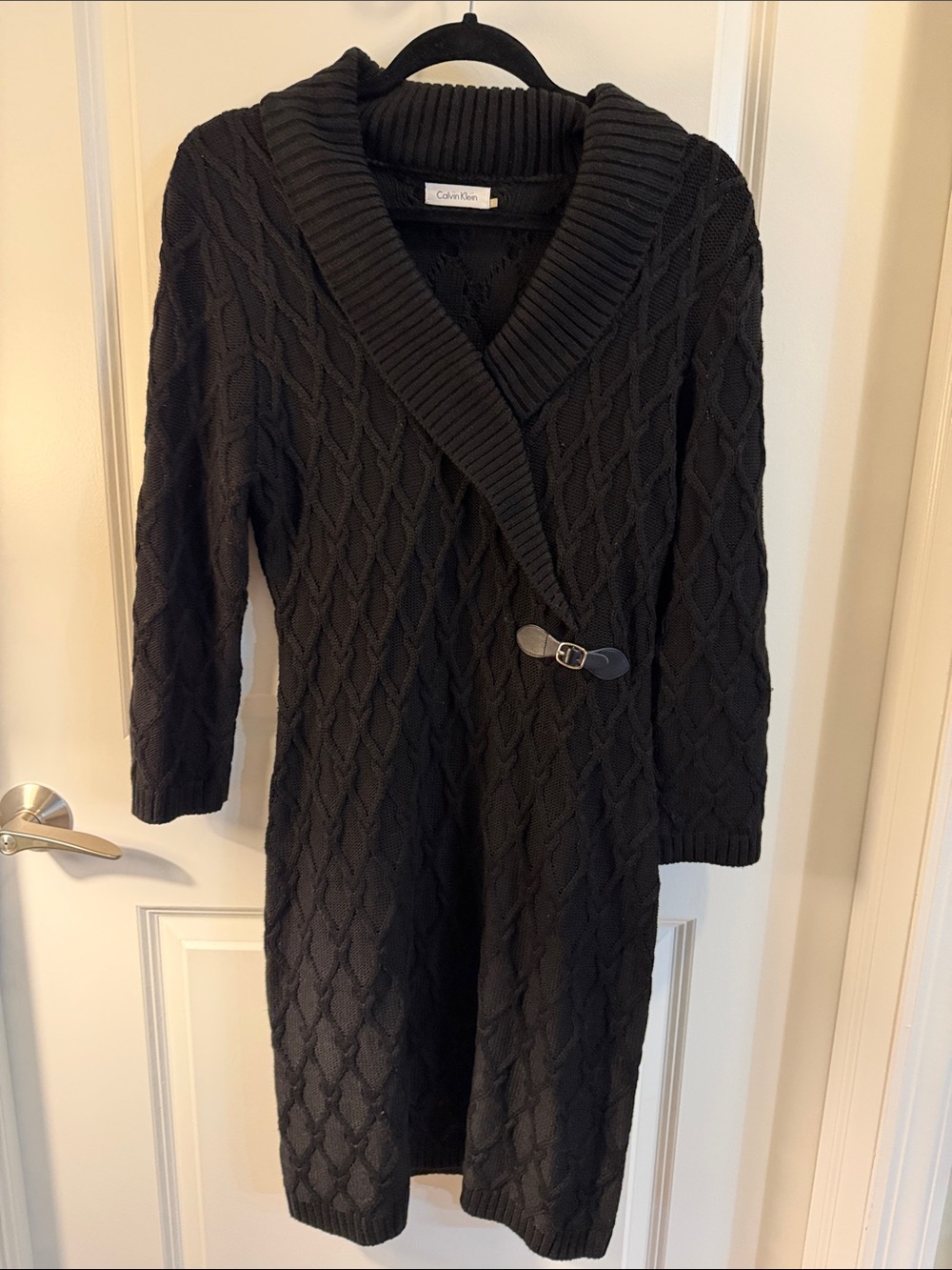 Calvin Klein Black Cable-Knit Shawl-Collar Sweater Dress with Buckle Detail